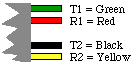 Diagram showing old-style wire.  T1 = Green, R1= Red, T2 = Black, R2 = Yellow